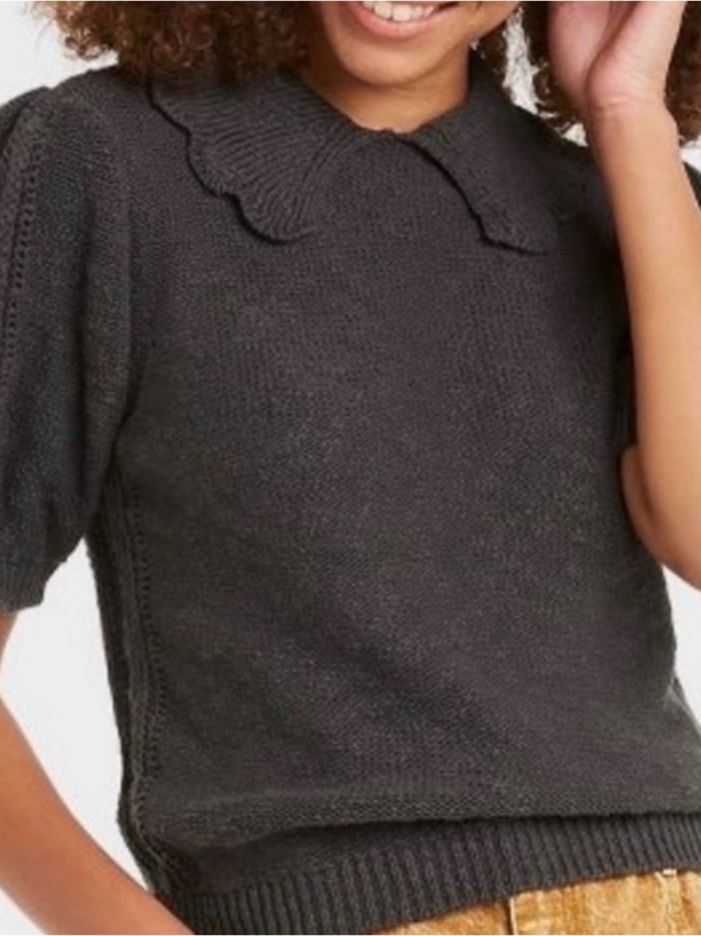 Charcoal Knit Short-Sleeve Sweater with Peter Pan Collar
